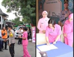 Kapolres Nganjuk Bersama Ketua Bhayangkari Cabang Nganjuk Beri Dukungan Moral Anggota Pos Pam dan Yan Operasi Ketupat Semeru 2024. 