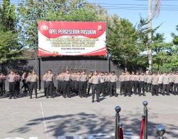 Polres Nganjuk Gelar Apel Pergeseran Pasukan Pengamanan Pengesahan Calon Warga Baru PSHT Pusat Madiun Cabang Nganjuk Tahun 2024