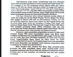 SURAT KEDUA PENGEMBALIAN INVENTARIS PENDOPO WAKIL BUPATI, PEMKAB NIAS BARAT DIMINTA SEGERA MEMBERIKAN TANGGAPAN