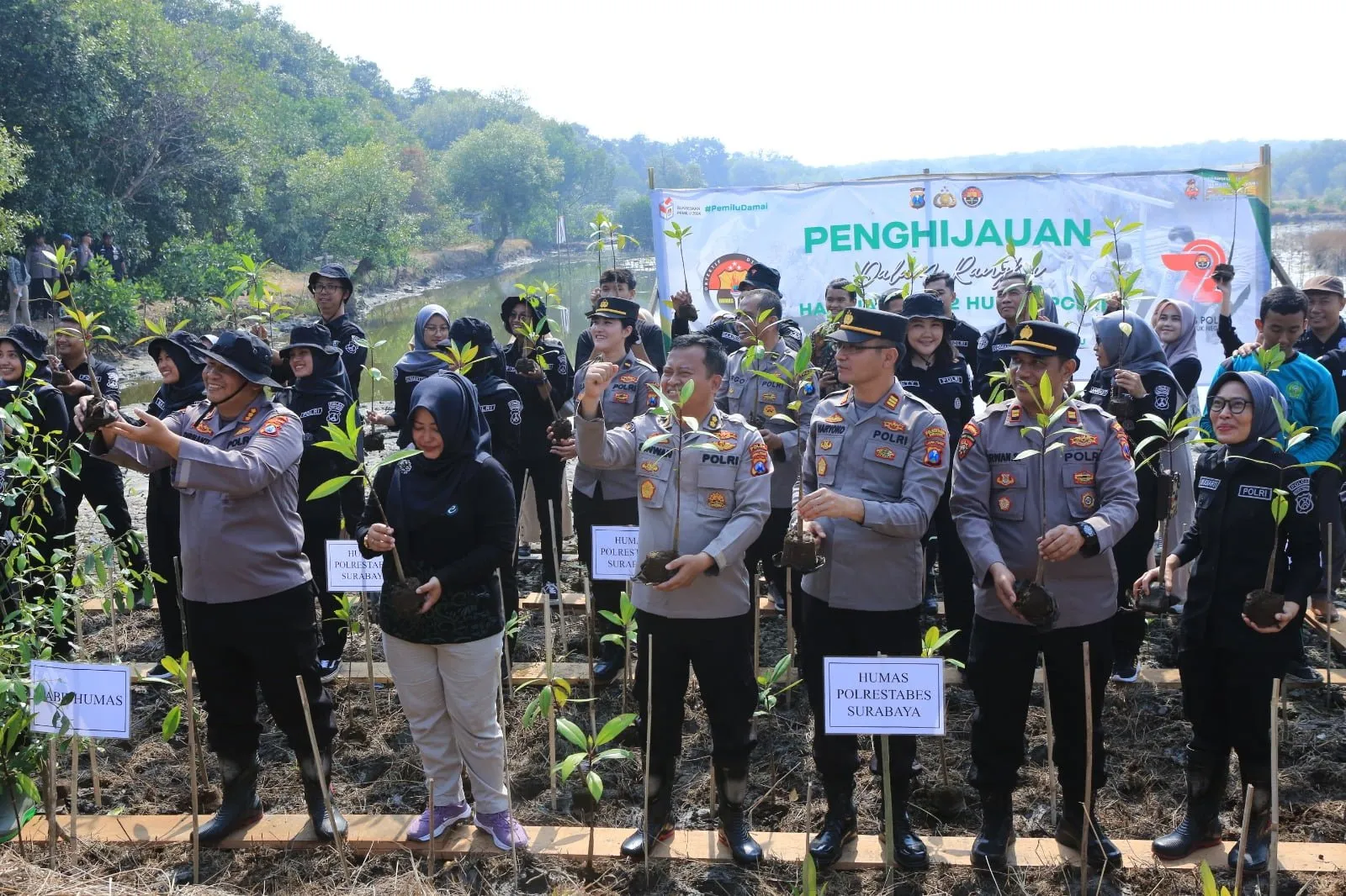 HUT Humas Polri Ke-72, Bidhumas Polda Jatim dan Jajaran Tanam Ribuan Bibit Mangrove Minimalisir Abrasi