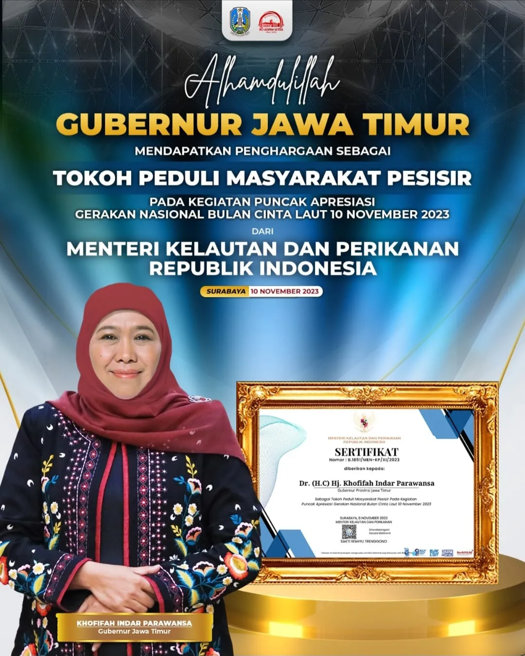Gubernur Khofifah Raih Penghargaan Tokoh Peduli Masyarakat Pesisir dari KKP RI