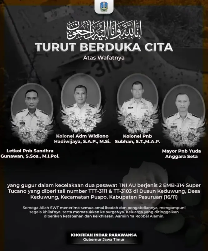 Gubernur Khofifah Turut Berduka Cita Atas Musibah Jatuhnya Dua Pesawat TNI AU Super Tucano