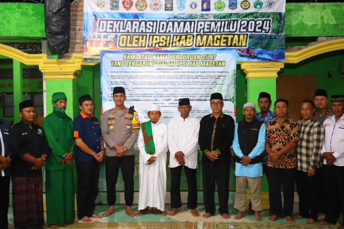 Guna menjaga kondusifitas masa kampanye hingga pelaksanaan Pemilu 2024, Polres Magetan menempuh langkah strategis dengan mengajak semua perguruan silat tergabung di Ikatan Pencak Silat Indonesia (IPSI) terlibat aktif menciptakan atmosfer damai selama Pemilu.