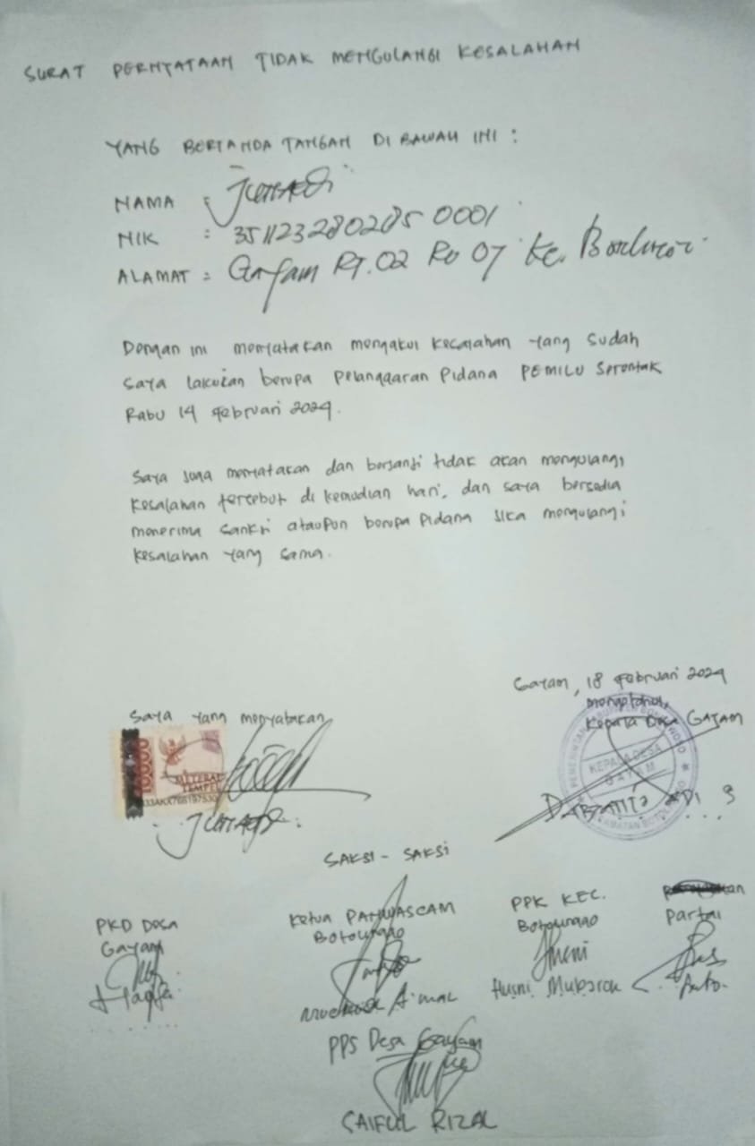 Dugaan kecurangan dan pelanggaran pidana yang dilakukan oleh oknum pemilih saat mendapat surat suara yang diberikan panitia penyelenggara, itu terjadi di dusun Krajan, desa Gayam, kecamatan Botolinggo, Bondowoso, Jawa Timur, tepatnya di TPS 01 dan TPS 03. 
