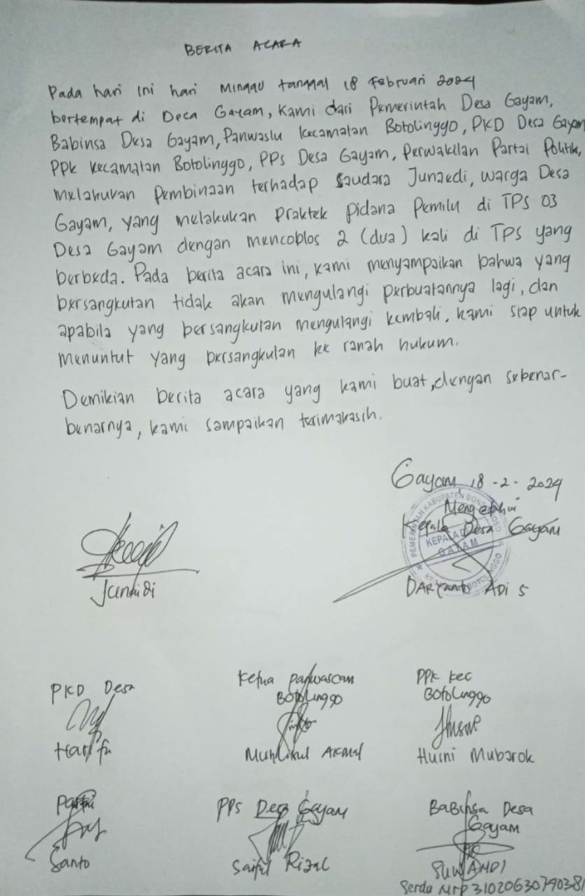 Dugaan kecurangan dan pelanggaran pidana yang dilakukan oleh oknum pemilih saat mendapat surat suara yang diberikan panitia penyelenggara, itu terjadi di dusun Krajan, desa Gayam, kecamatan Botolinggo, Bondowoso, Jawa Timur, tepatnya di TPS 01 dan TPS 03. 