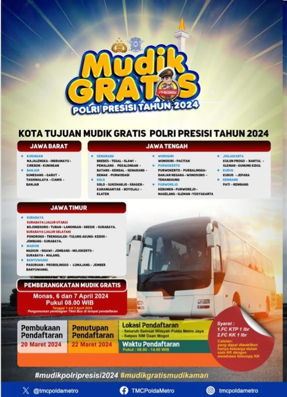 Polri membuka pendaftaran mudik gratis mulai hari imi (20/3/2024). Pendaftaran dapat dilakukan hingga 22 Maret 2024.