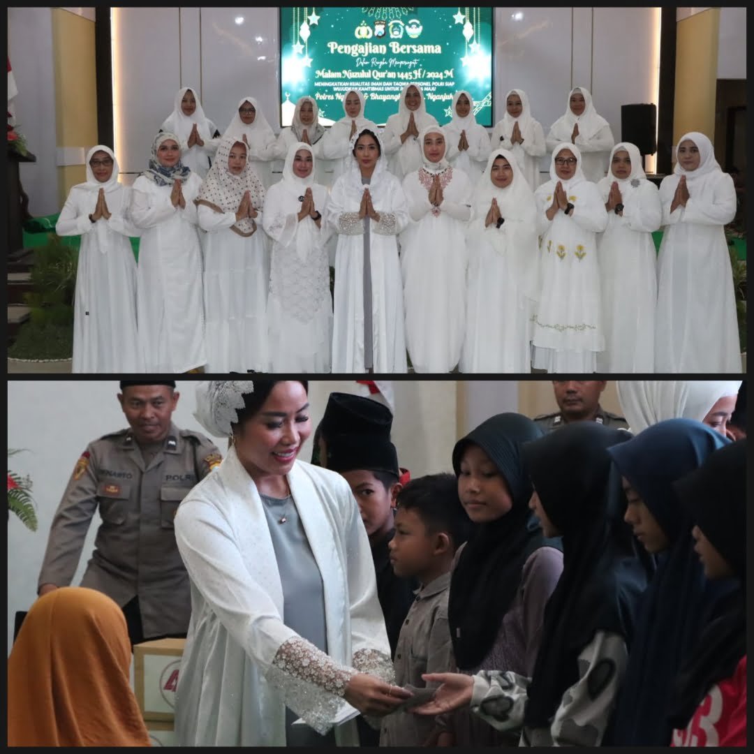 Kapolres Nganjuk AKBP Muhammad, S.H., S.I.K., M.Si., bersama Wakapolres Nganjuk, Pejabat Utama (PJU), Ketua Bhayangkari Cabang Nganjuk Ny. Anggun Muhammad beserta pengurus dan anggota Polres Nganjuk beserta Bhayangkari menggelar pengajian bersama dalam rangka Peringati Malam Nuzulul Qur’an 1445H/2023M, Kamis (28/03/2024). 