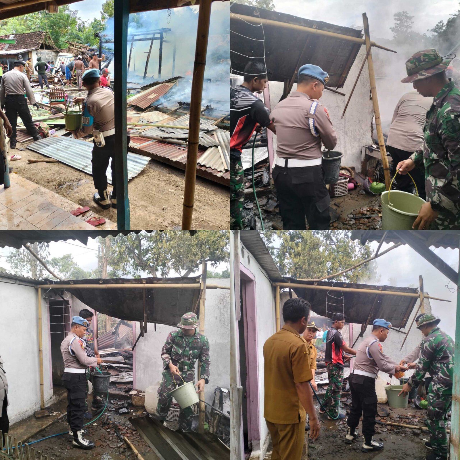 Personil Polsek Cermee Bersama TNI berjibaku Memadamkan Api Dalam Kebakaran Rumah di Desa Suling Kulon