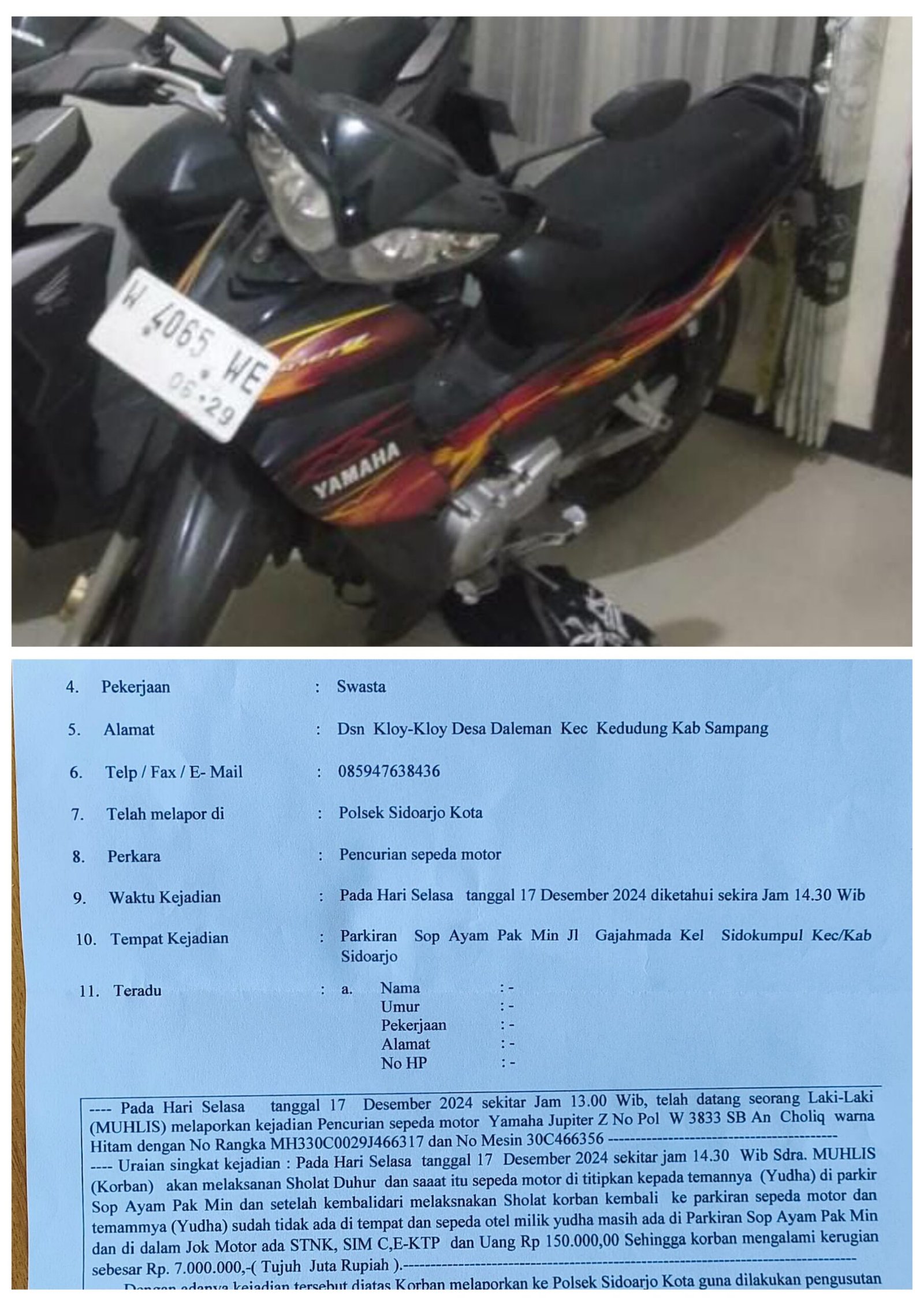 Motor Raib Dibawa Kabur Teman, Warga Sidoarjo Lapor Polisi