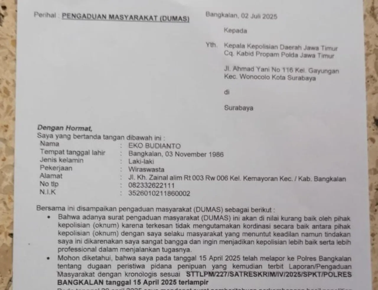 Laporkan Oknum Penyidik Polres Bangkalan ke Propam Polda Jatim, Gegara di Abaikan