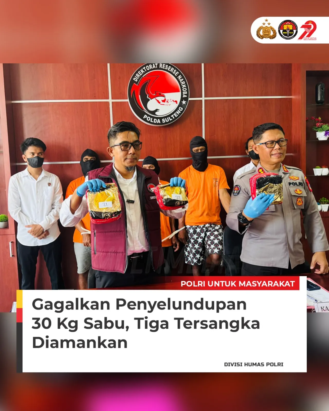 Polda Sulteng Gagalkan Penyelundupan 30 Kg Sabu, Tiga Tersangka Dibekuk