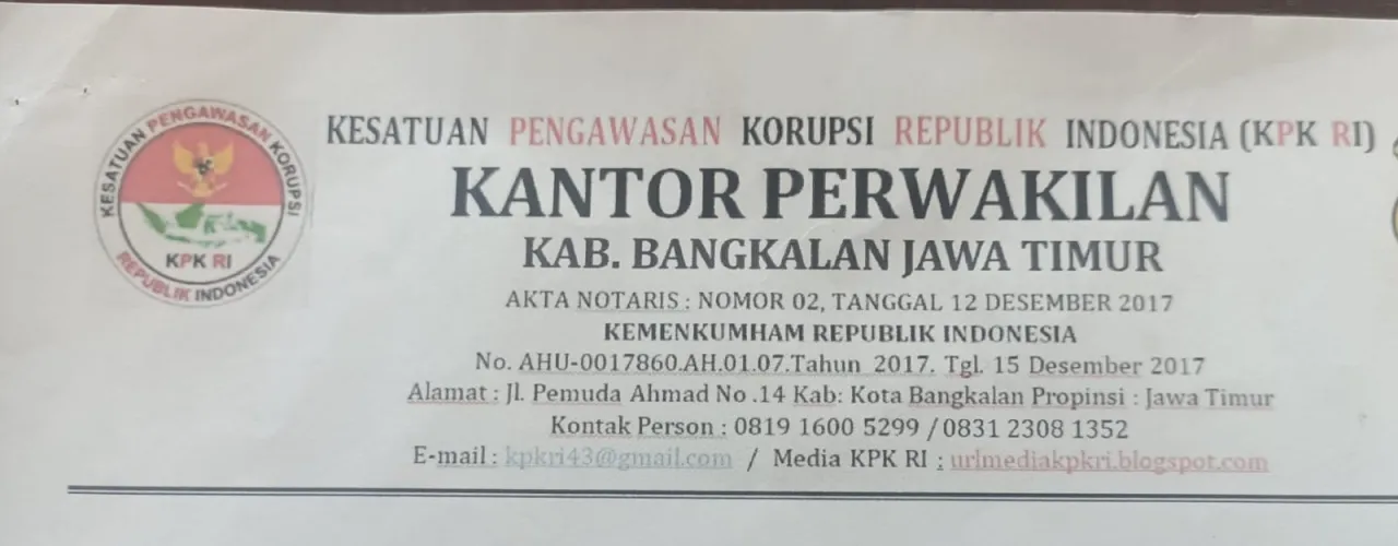 Diduga Mengatasnamakan KPK, LSM KPK RI Tebar Surat Investigasi Se Kabupaten Bangkalan