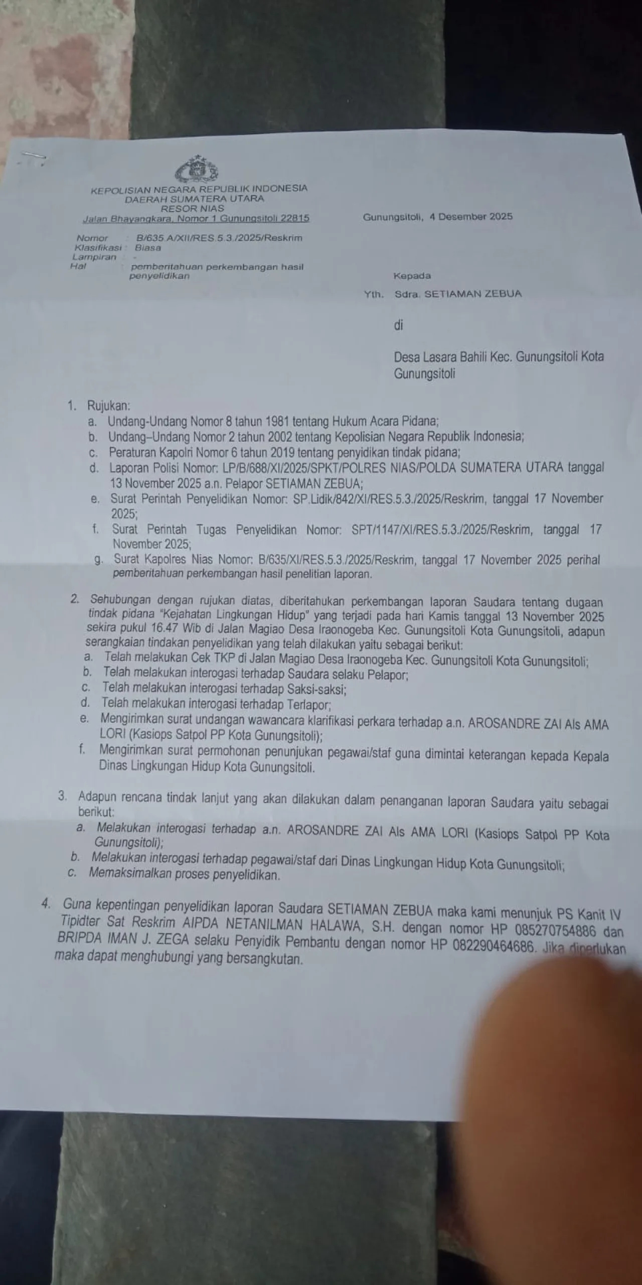 Sprinlidik Kasus pencemaran lingkungan Hidup Kota Gunungsitoli Penegak Hukum Polres Nias Tindak Tegas sesuai Hukum
