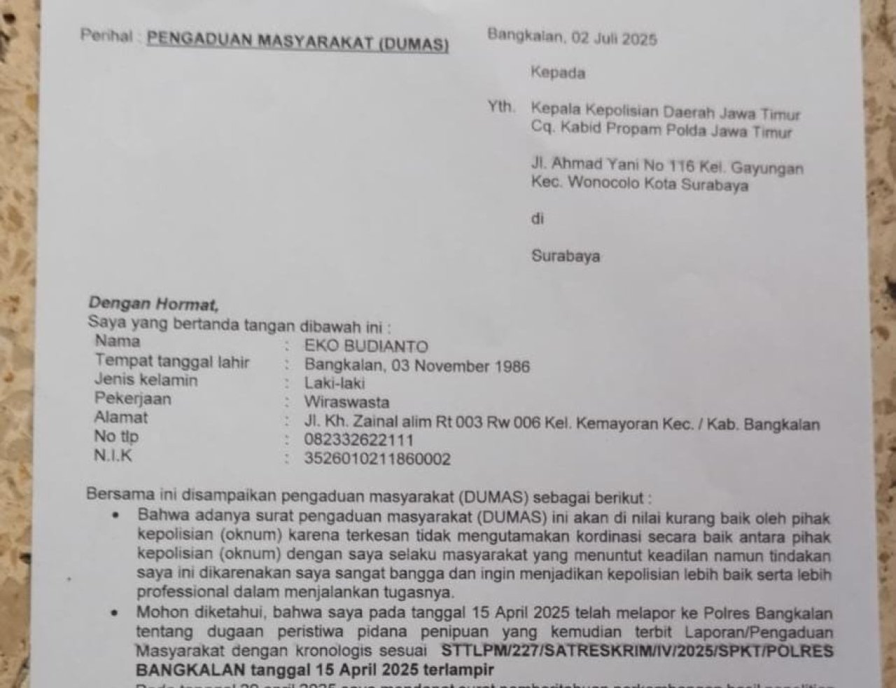 Laporkan Oknum Penyidik Polres Bangkalan ke Propam Polda Jatim, Gegara di Abaikan