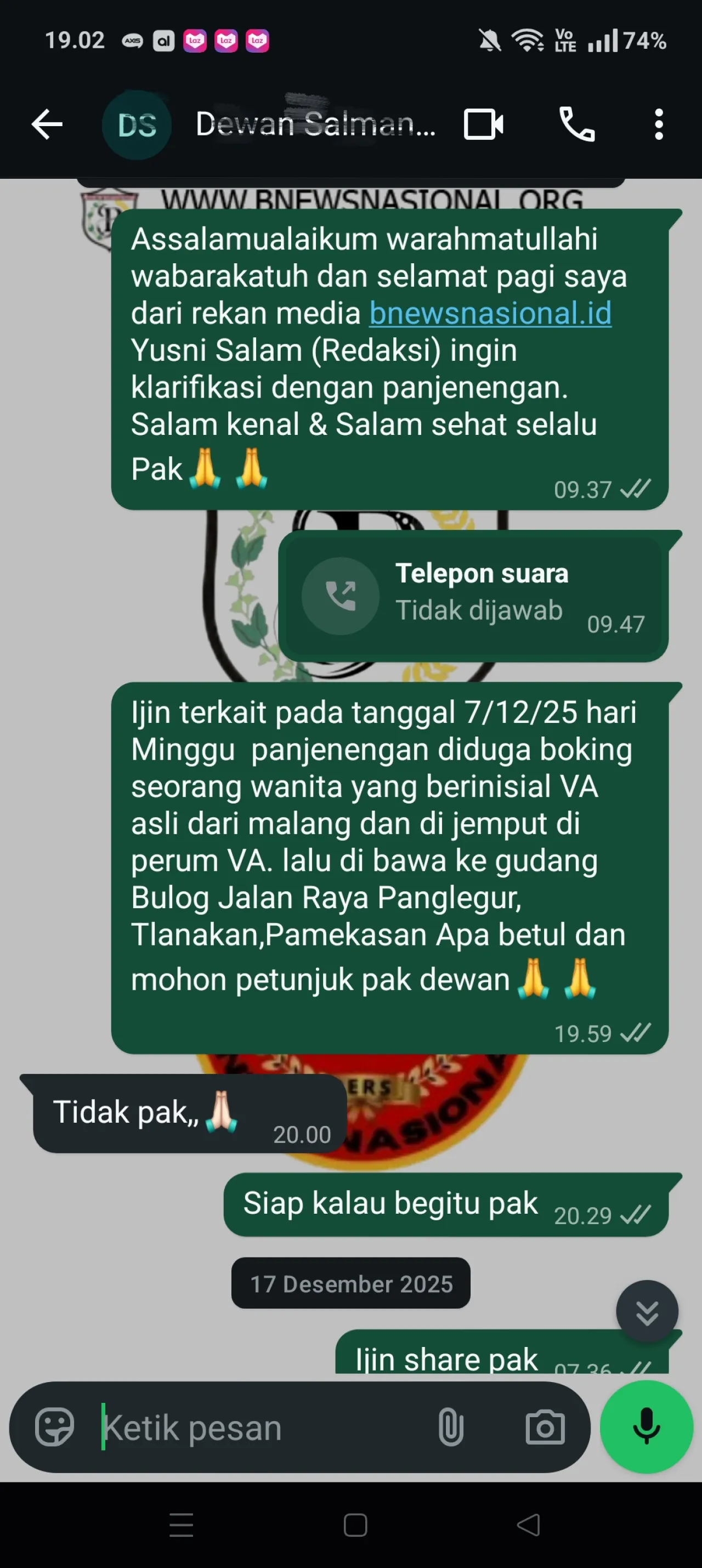 Bukti WA Centang Dua Jadi Saksi, bnewsnasional.id Sebut SAF Sengaja Abaikan Upaya Klarifikasi