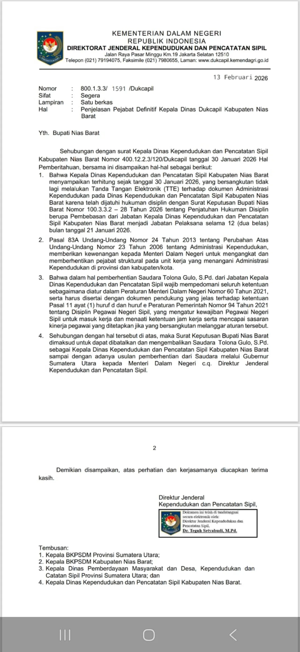 Lagi lagi  Terima Surat Teguran, Oleh Bupati Nias Barat ,Pemberhentian Kadis Dukcapil Diminta Dibatalkan