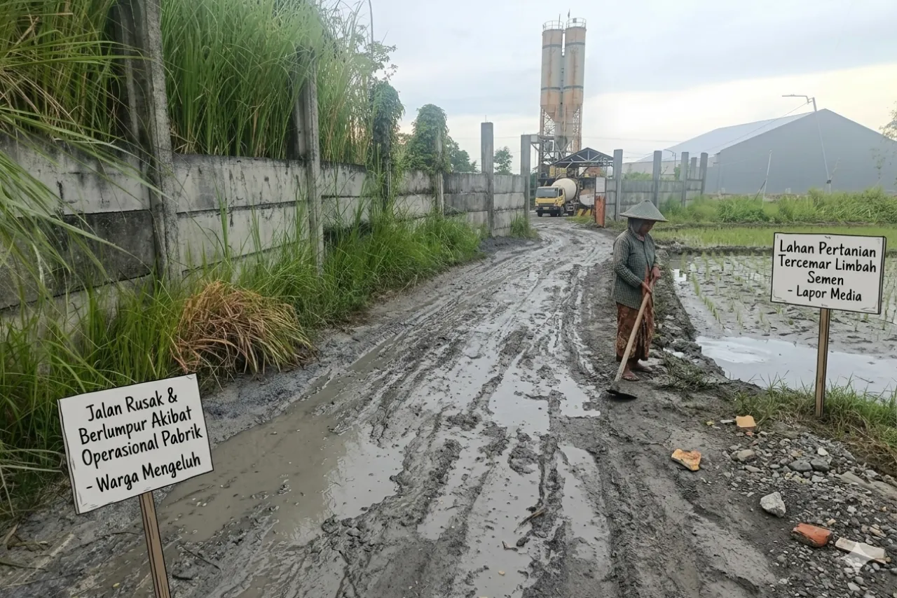 Limbah Pabrik Beton di Labang Cemari Sawah, Warga Keluhkan Kerusakan Jalan dan Lahan