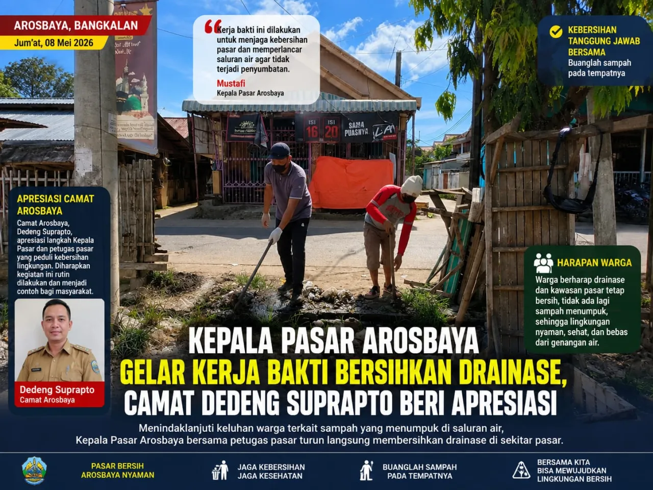 Kepala Pasar Arosbaya Gelar Kerja Bakti Bersihkan Drainase, Camat Dedeng Suprapto Beri Apresiasi