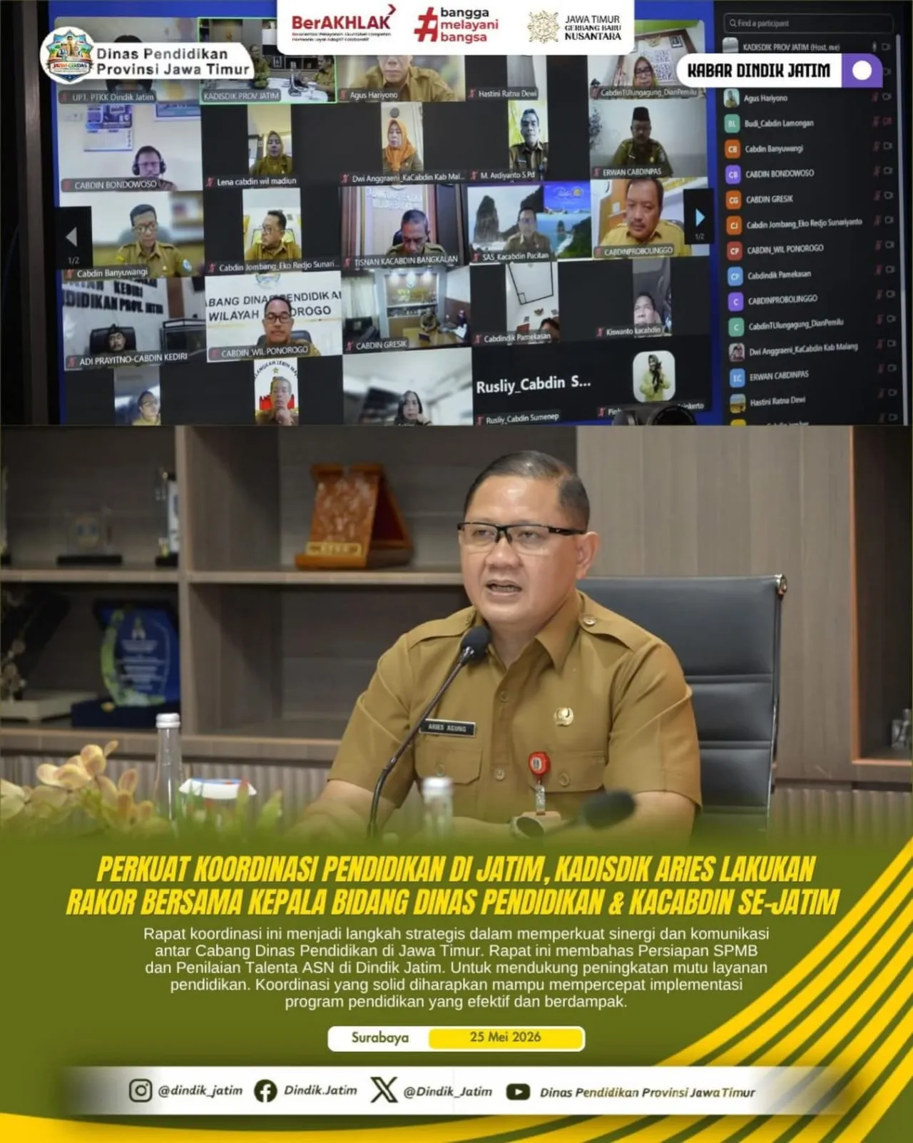 Kadiknas Jatim Gelar Rakor Daring dengan Kacabdin, Tekankan Sinergi dan Evaluasi Program