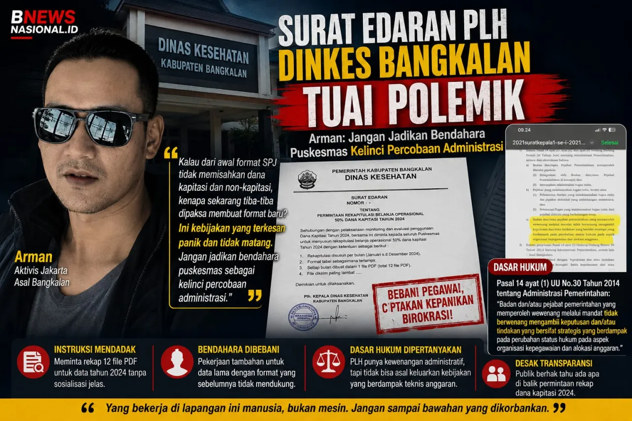 Surat Edaran PLH Dinkes Bangkalan Tuai Polemik, Arman: Jangan Jadikan Bendahara Puskesmas Kelinci Percobaan Administrasi