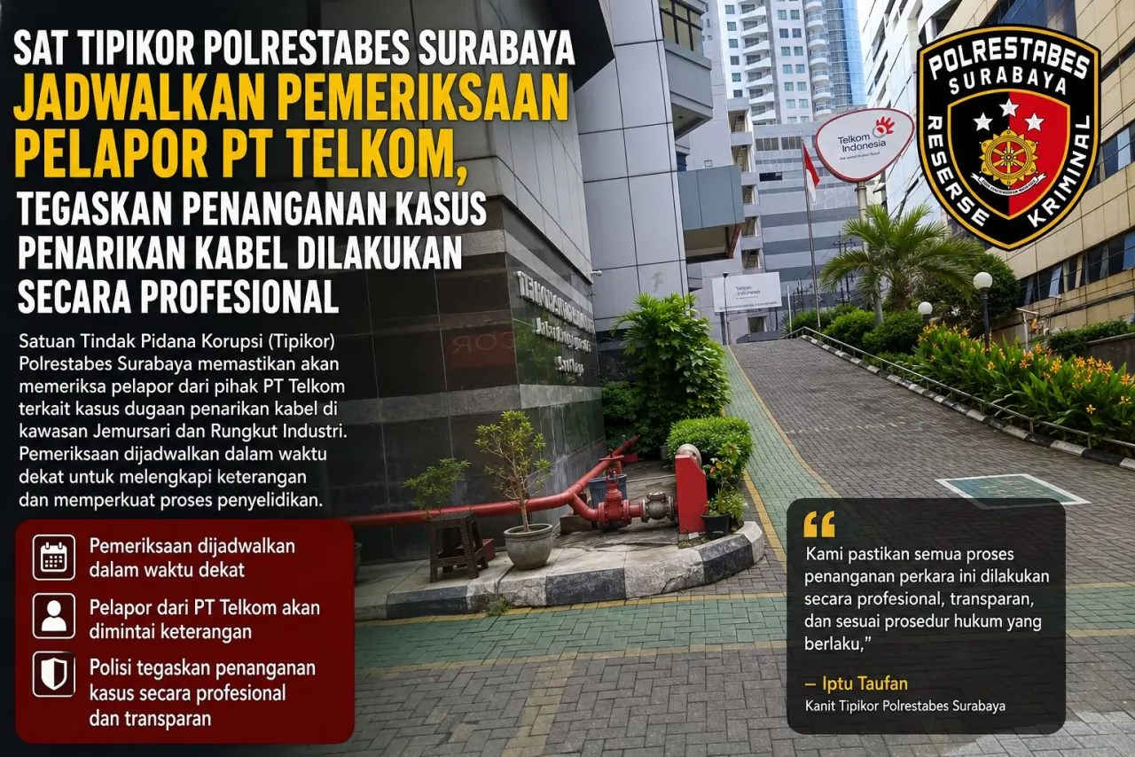 Sat Tipikor Polrestabes Surabaya Jadwalkan Pemeriksaan Pelapor PT Telkom, Tegaskan Penanganan Kasus Penarikan Kabel
