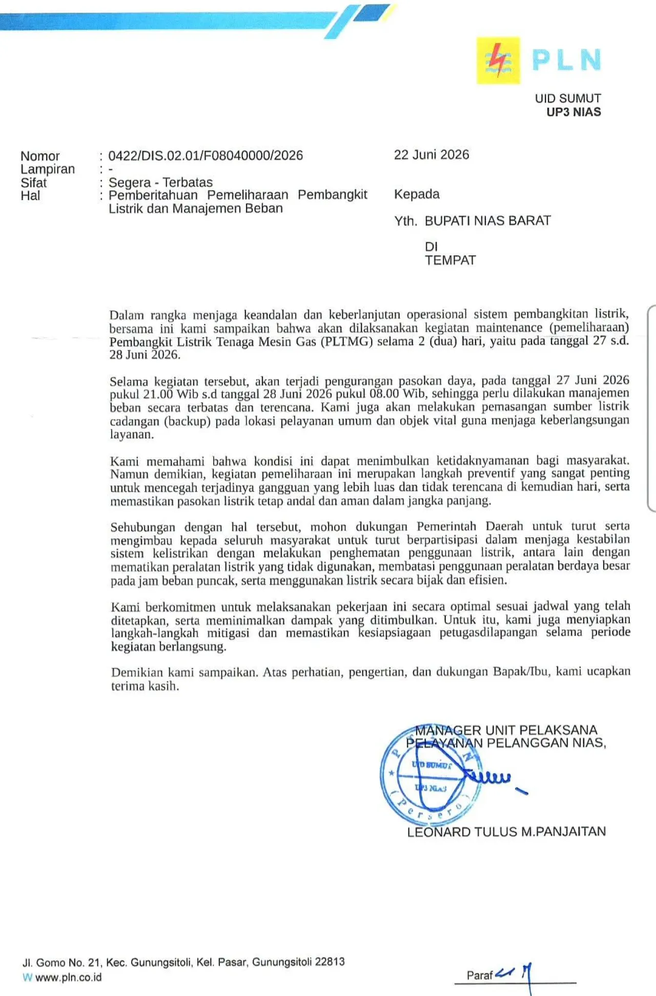 PLN UP3 Nias Umumkan Pemeliharaan PLTMG 27-28 Juni, Berlakukan Manajemen Beban Terbatas