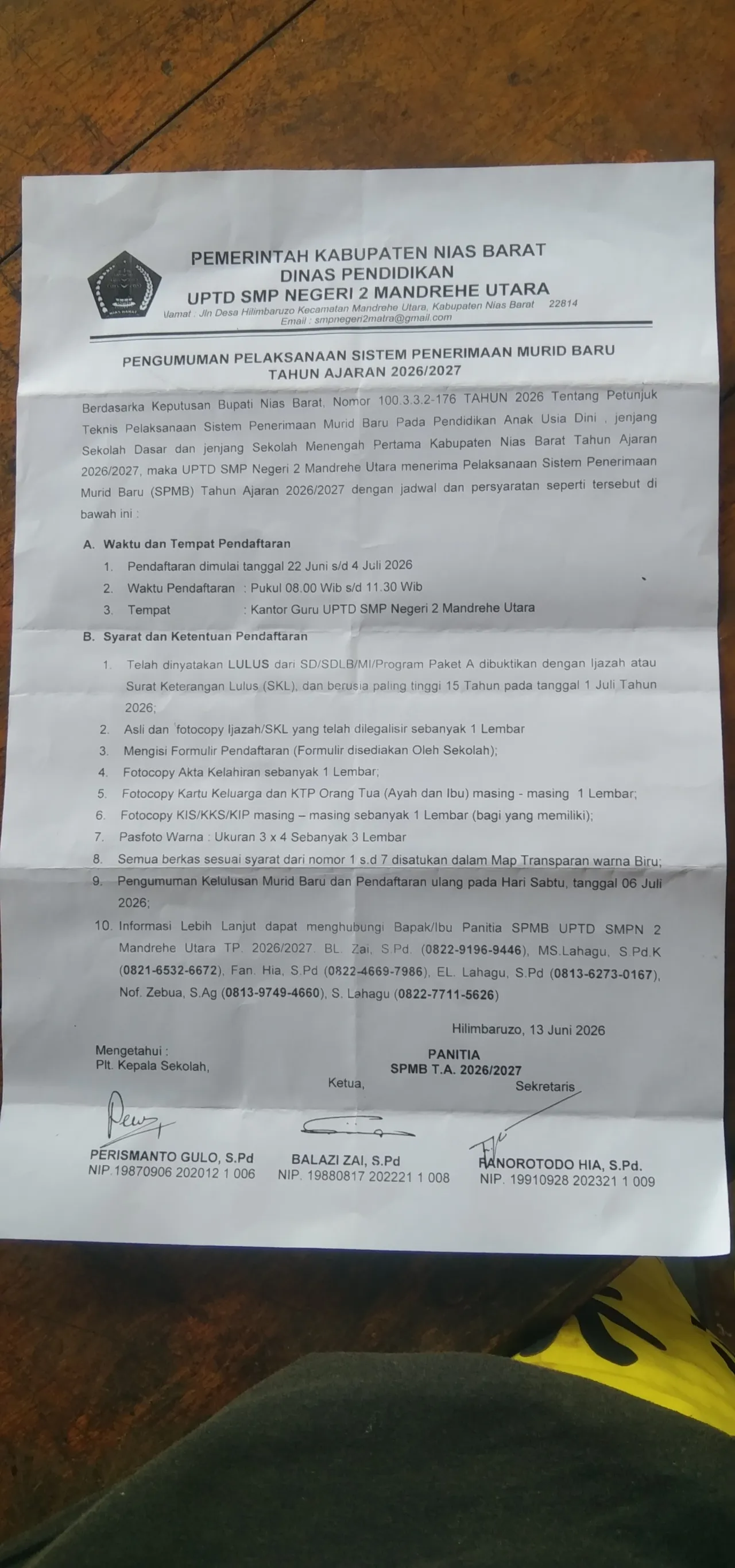 SMPN 2 Mandrehe Utara Buka SPMB 2026/2027, Pendaftaran 22 Juni - 4 Juli 2026