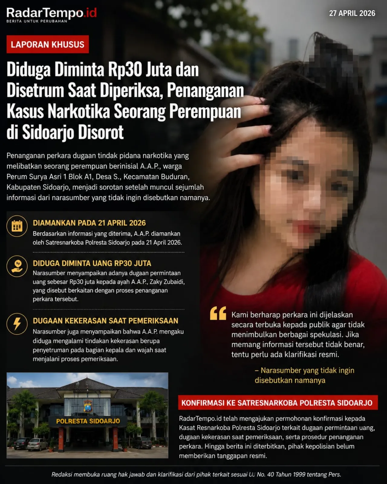 Diduga Ada Permintaan Rp30 Juta dan Dugaan Kekerasan Saat Pemeriksaan, Penanganan Kasus Narkotika Seorang Perempuan