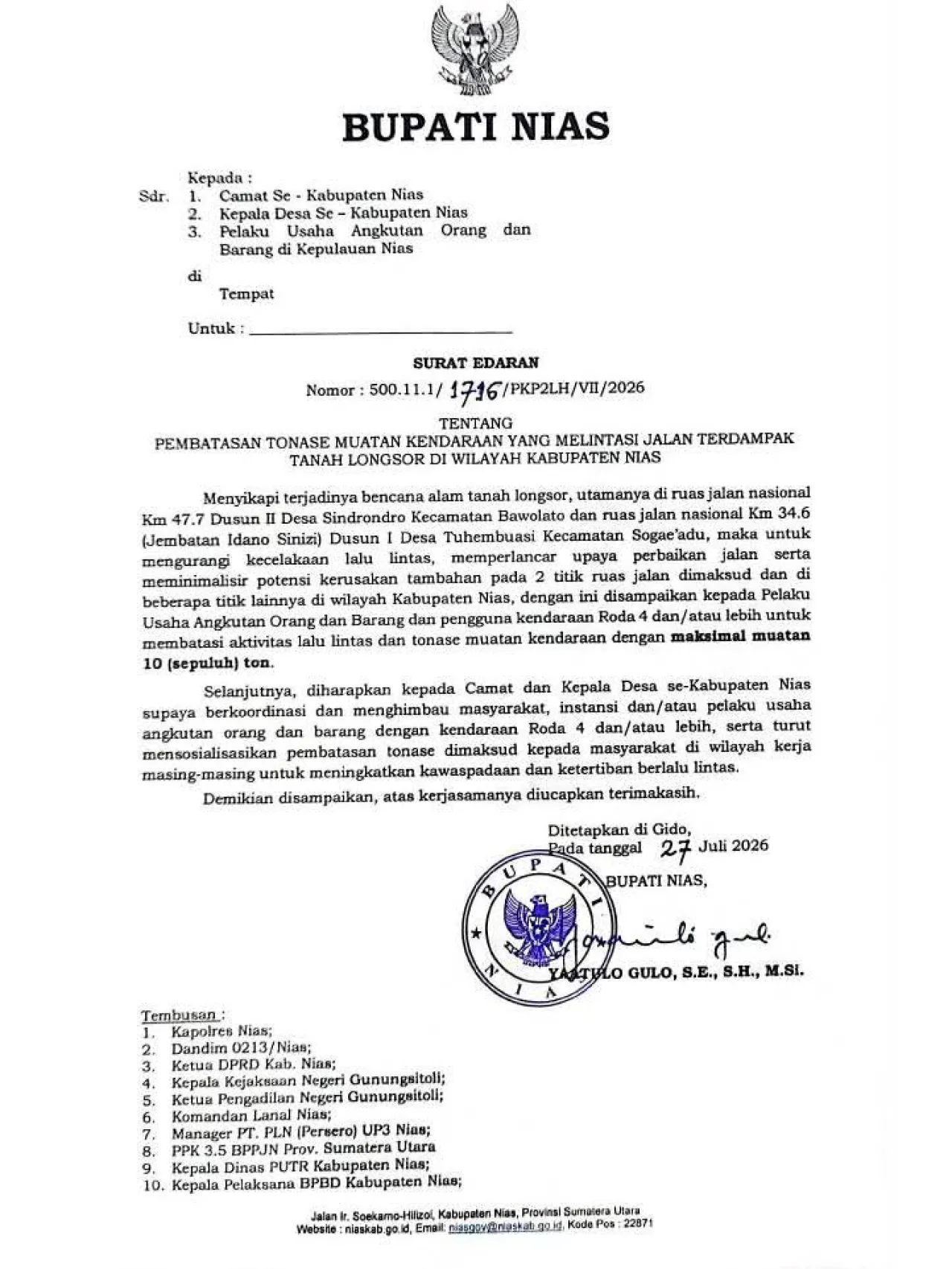 Bupati Nias Keluarkan Surat Edaran, Kendaraan Muatan Maksimal 10 Ton Melintas di Titik Longsor