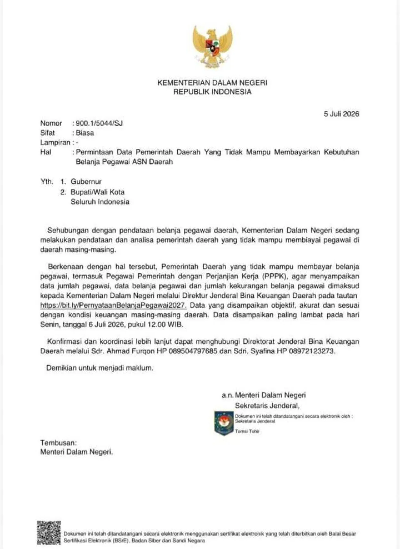 Kemendagri Minta Data Daerah Krisis Anggaran Gaji ASN & PPPK, Kondisi Keuangan Nias Barat Jadi Sorotan