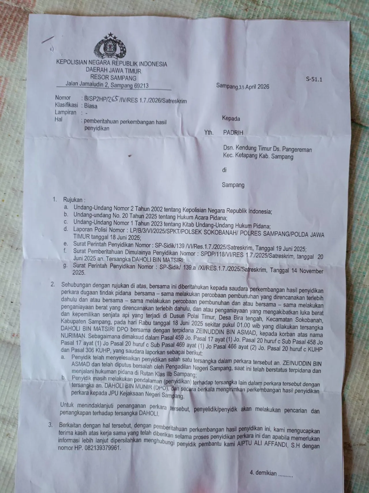 APH di Sampang diduga Abaikan Satu DPO Pemegang Senjata Api Pada Saat Melakukan penganiayaan Terhadap Seorang jurnalis