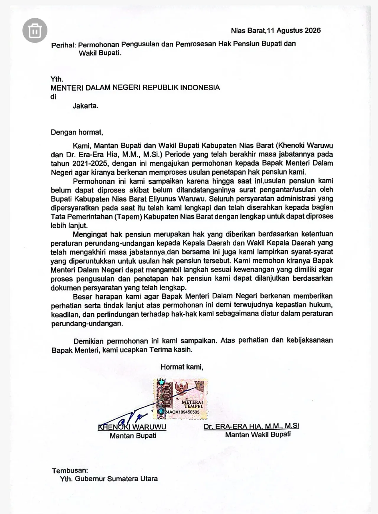 Diduga Dipersulit Bupati Eliyunus Waruwu, Mantan Bupati dan Wakil Bupati Nias Barat Kompak Surati Mendagri Terkait Hak