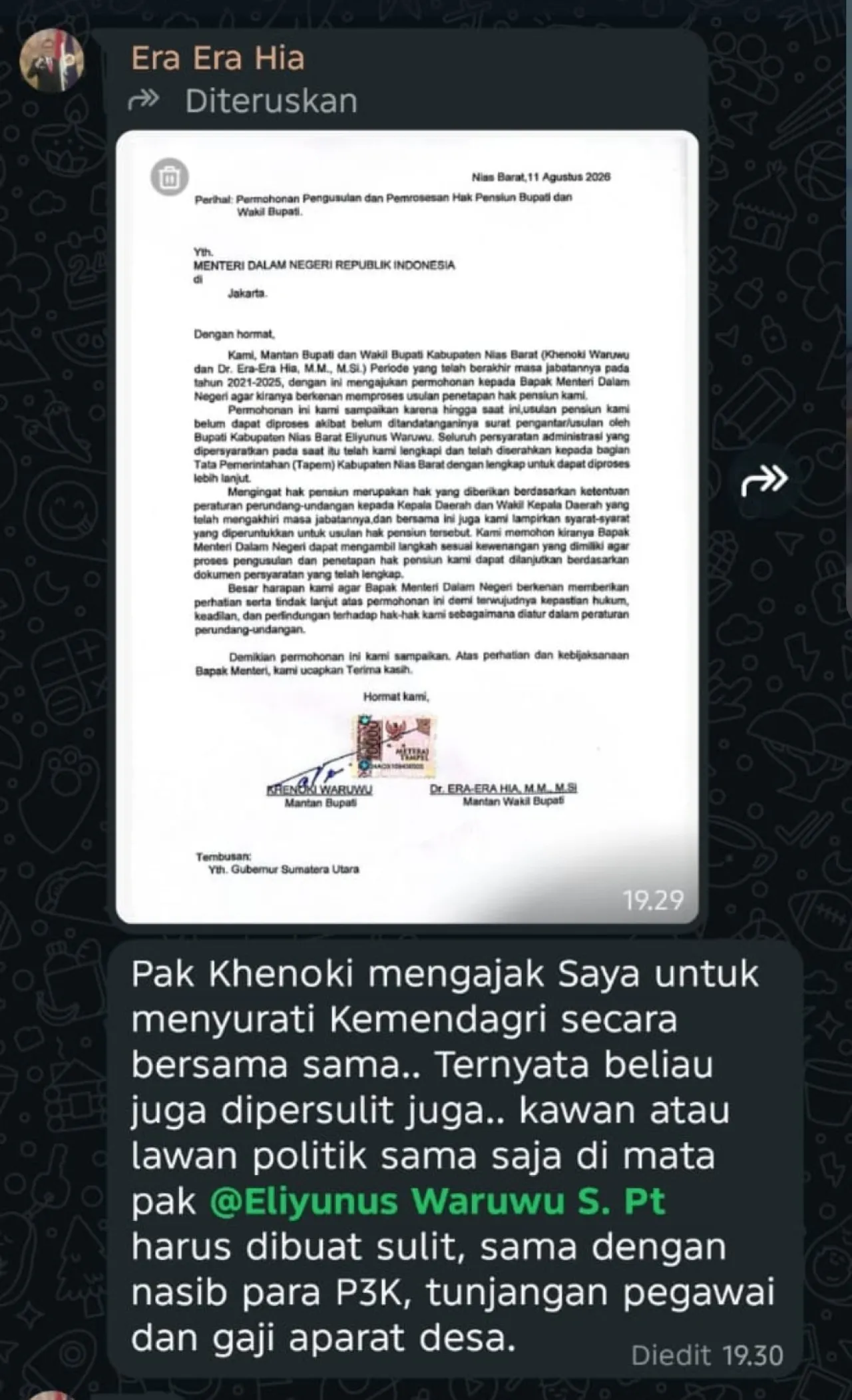 Klarifikasi Mantan Bupati Nias Barat Khenoki Waruwu Terkait Usulan Hak Pensiun dan Dinamika di Media Sosial