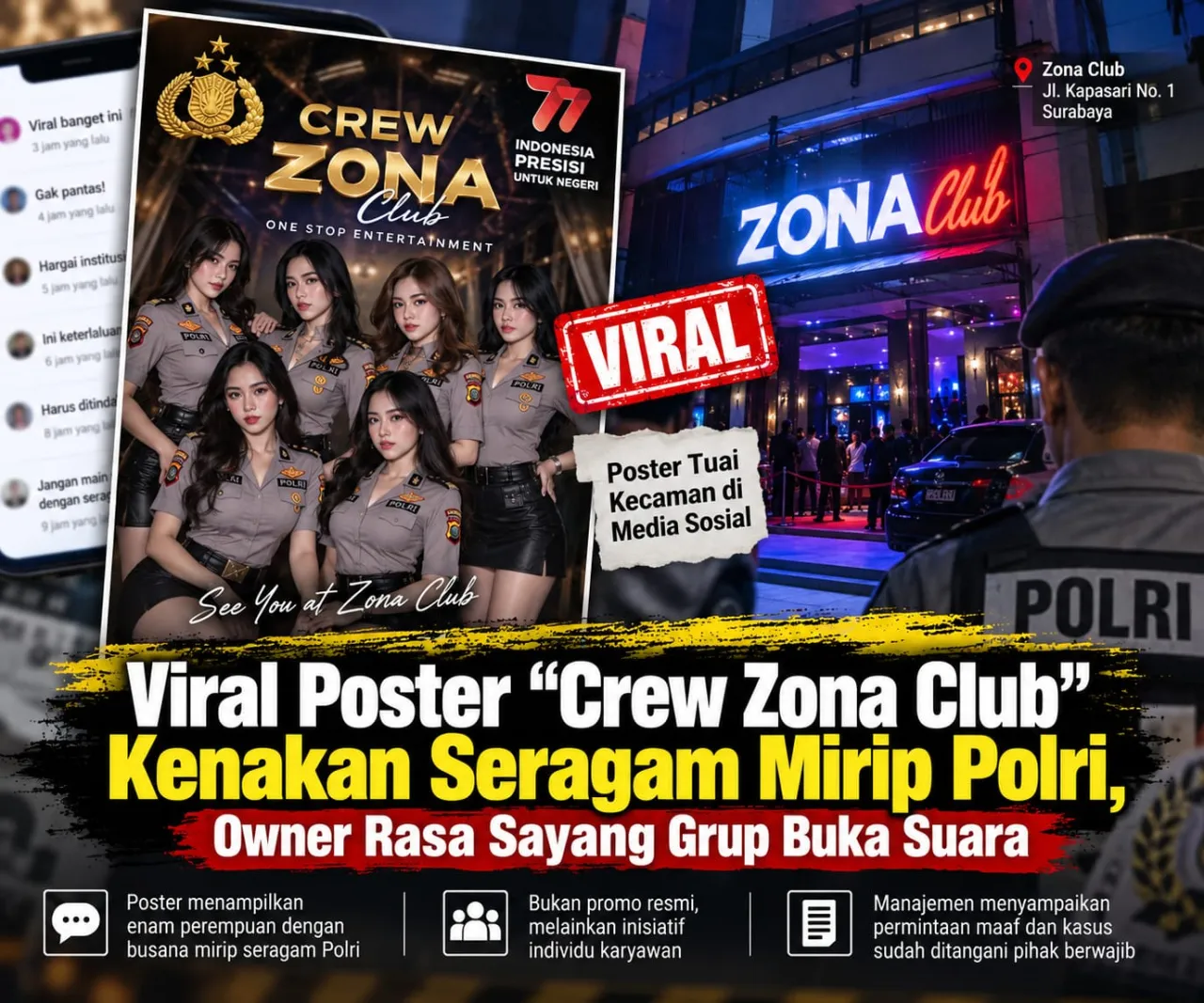 Poster AI Mirip Seragam Polri Viral, Manajemen Zona Club Surabaya Sampaikan Klarifikasi