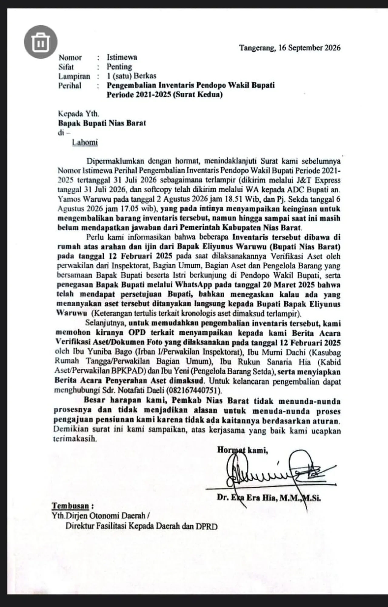 SURAT KEDUA PENGEMBALIAN INVENTARIS PENDOPO WAKIL BUPATI, PEMKAB NIAS BARAT DIMINTA SEGERA MEMBERIKAN TANGGAPAN