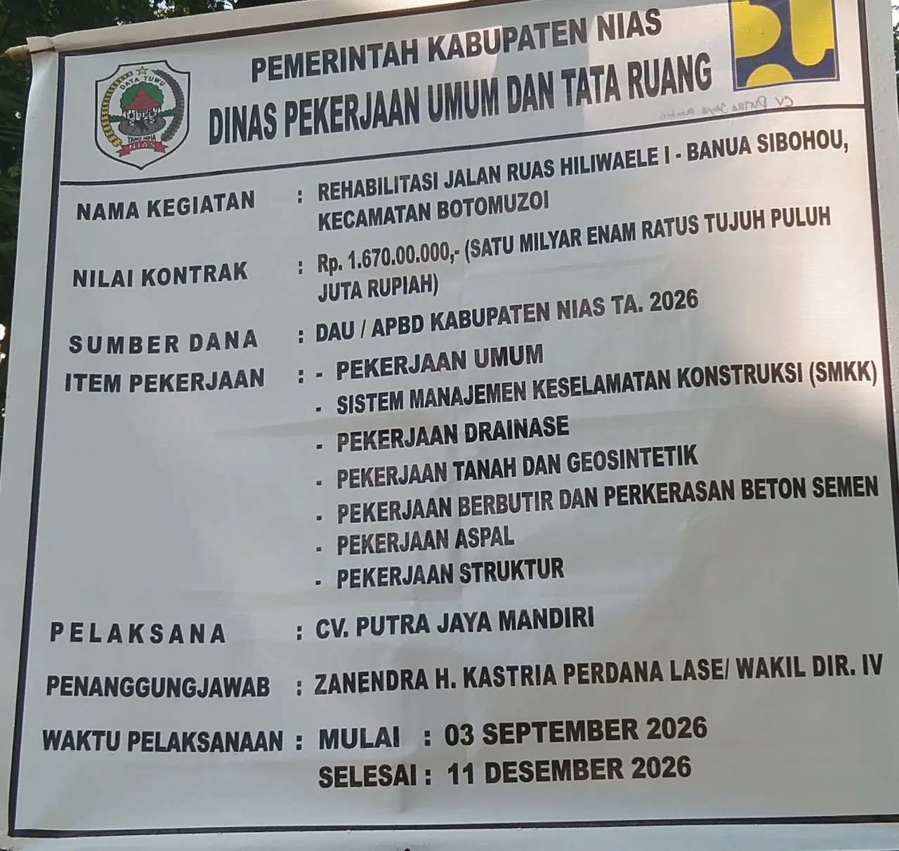 Waktu Kontrak Menipis, Masyarakat Desak Dinas PUPR Nias Tindak Tegas Kontraktor Proyek Jalan Ruas Banua Sibohou Nias