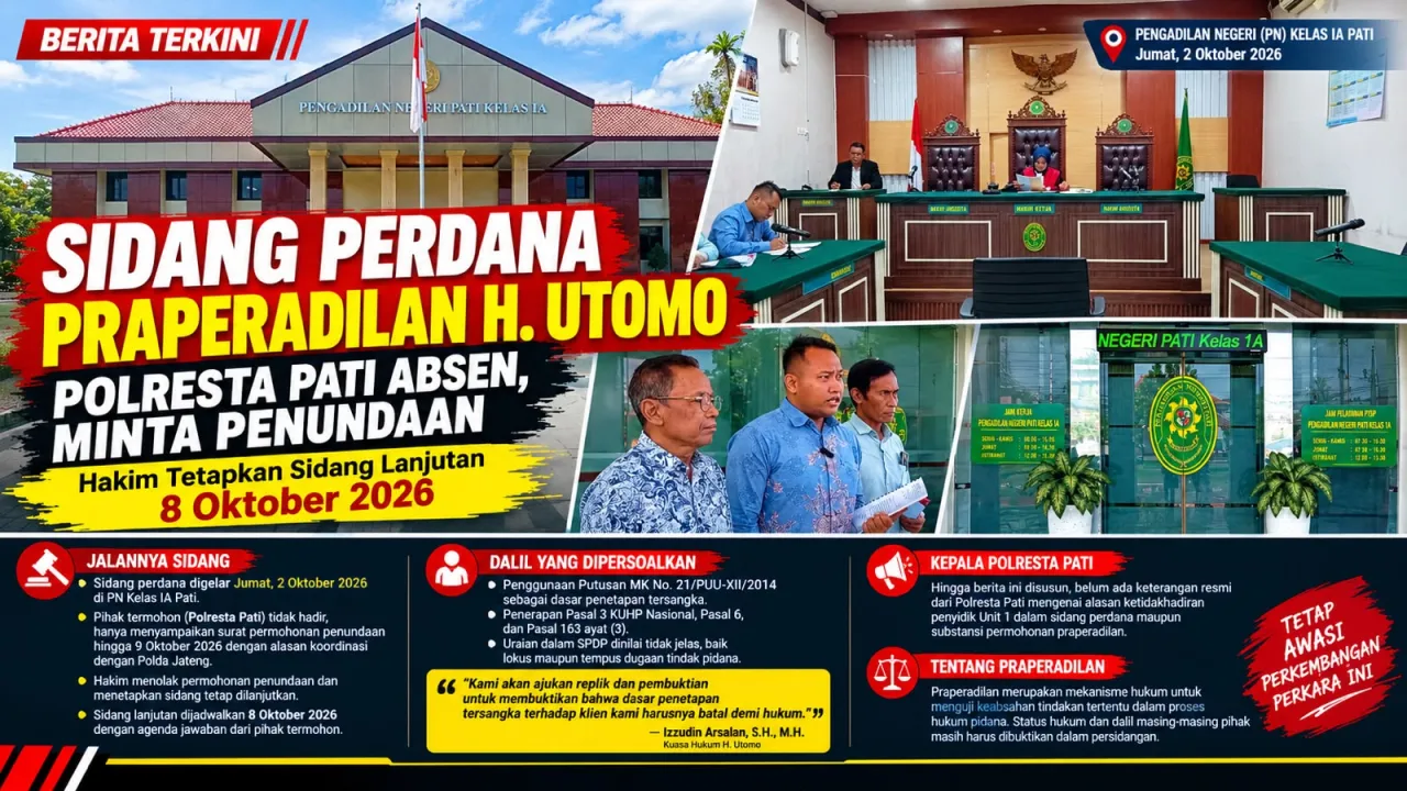 Sidang Perdana Praperadilan H. Utomo, Polresta Pati Absen dan Minta Penundaan