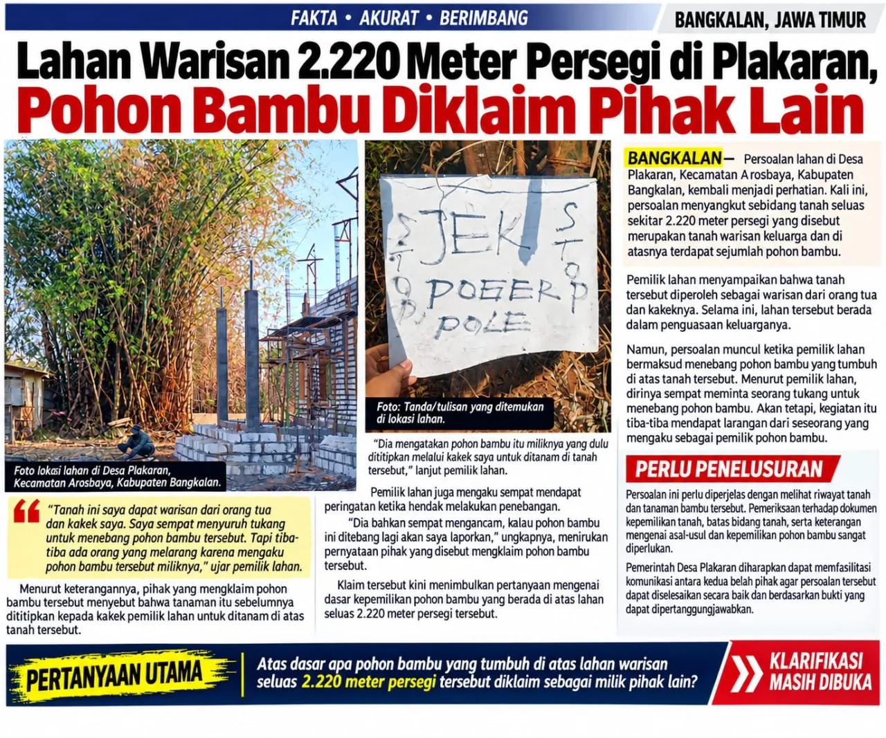 Lahan Warisan 2.220 Meter di Plakaran Memanas, Pohon Bambu Tiba-tiba Diklaim Milik Orang Lain