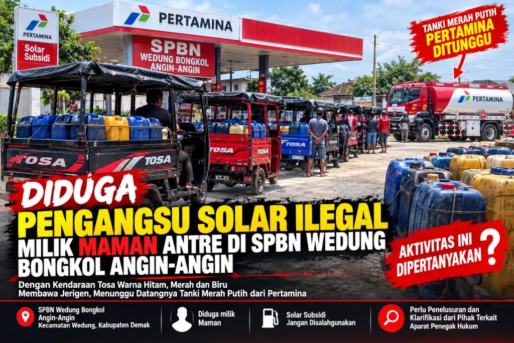 Diduga Pengangsu Solar Bersubsidi Milik Maman Antre di SPBN Wedung Bongkol Angin-Angin, Aktivitas Pengisian Dipertanyaka