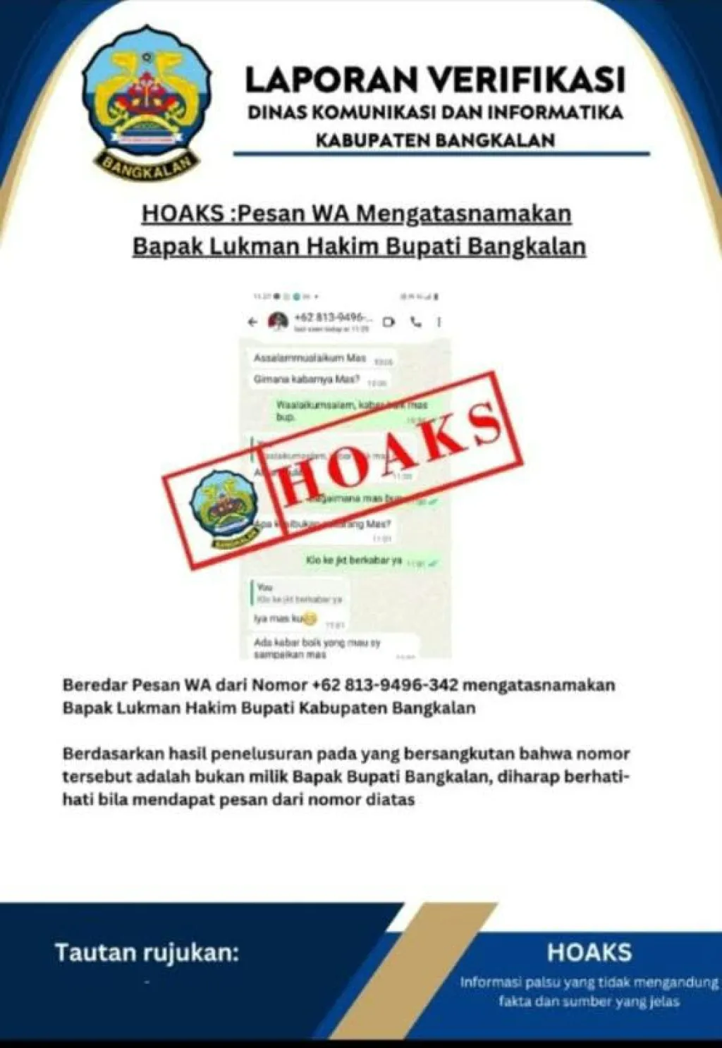 Nomor WhatsApp Tak Dikenal Catut Nama Bupati Bangkalan, Diskominfo Pastikan Hoaks
