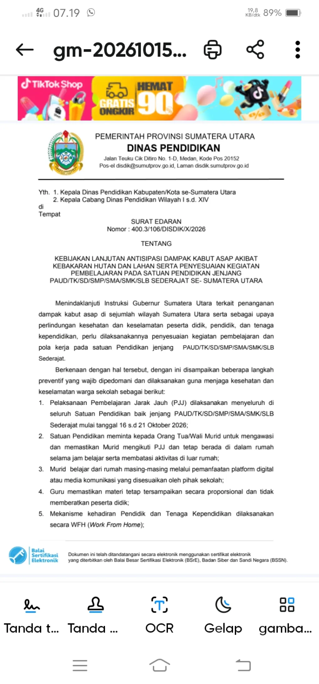 Dampak Kabut Asap, Disdik Sumut Berlakukan Pembelajaran Jarak Jauh untuk Seluruh Sekolah pada 16–21 Oktober 2026.