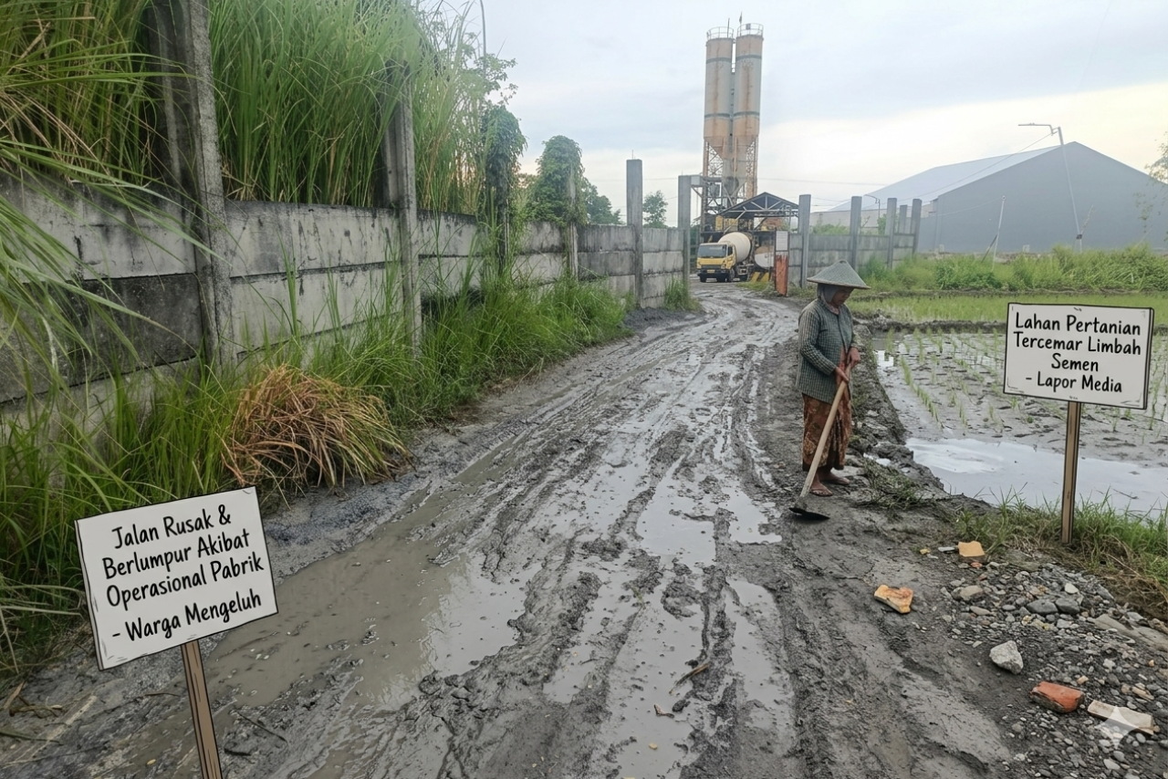 Limbah Pabrik Beton di Labang Cemari Sawah, Warga Keluhkan Kerusakan Jalan dan Lahan
