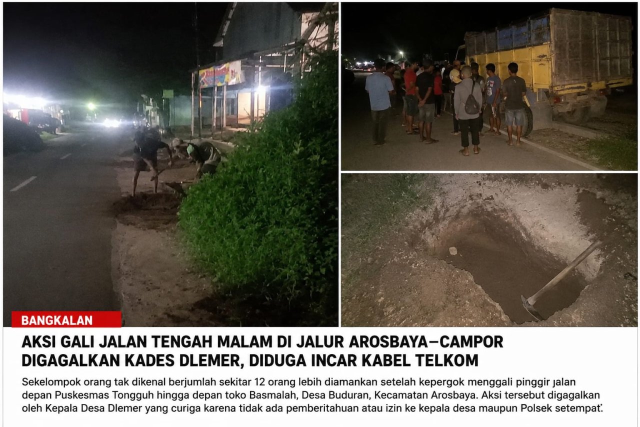 Aksi Gali Jalan Tengah Malam di Jalur Arosbaya–Campor Digagalkan Kades Dlemer, Diduga Incar Kabel Telkom