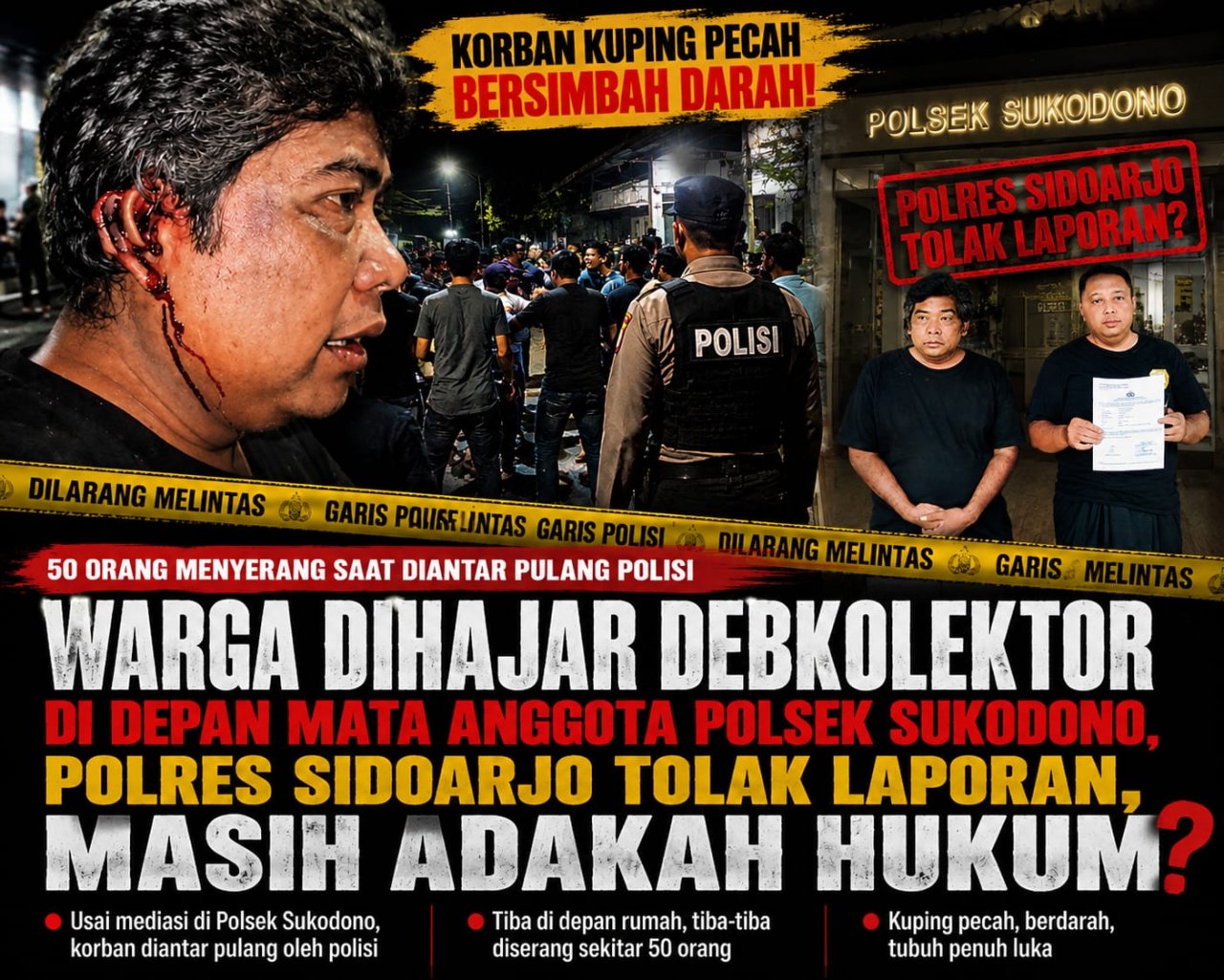 Warga Dihajar Debt Collector di Depan Mata Anggota Polsek Sukodono, Korban Mengaku Laporannya Ditolak Polres