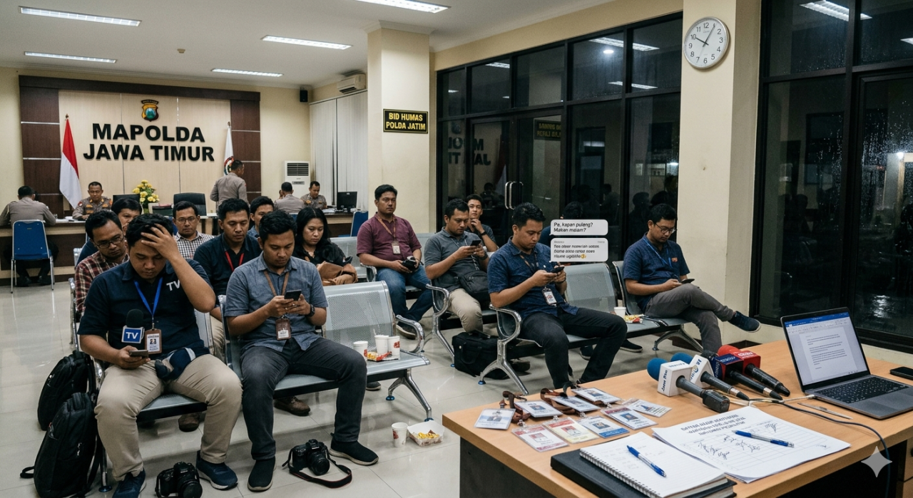 Sudah Diabsen Humas Polda Jatim, Belasan Wartawan Menunggu Hingga Malam Tanpa Kepastian, Keluarga di Rumah Turut Menanti
