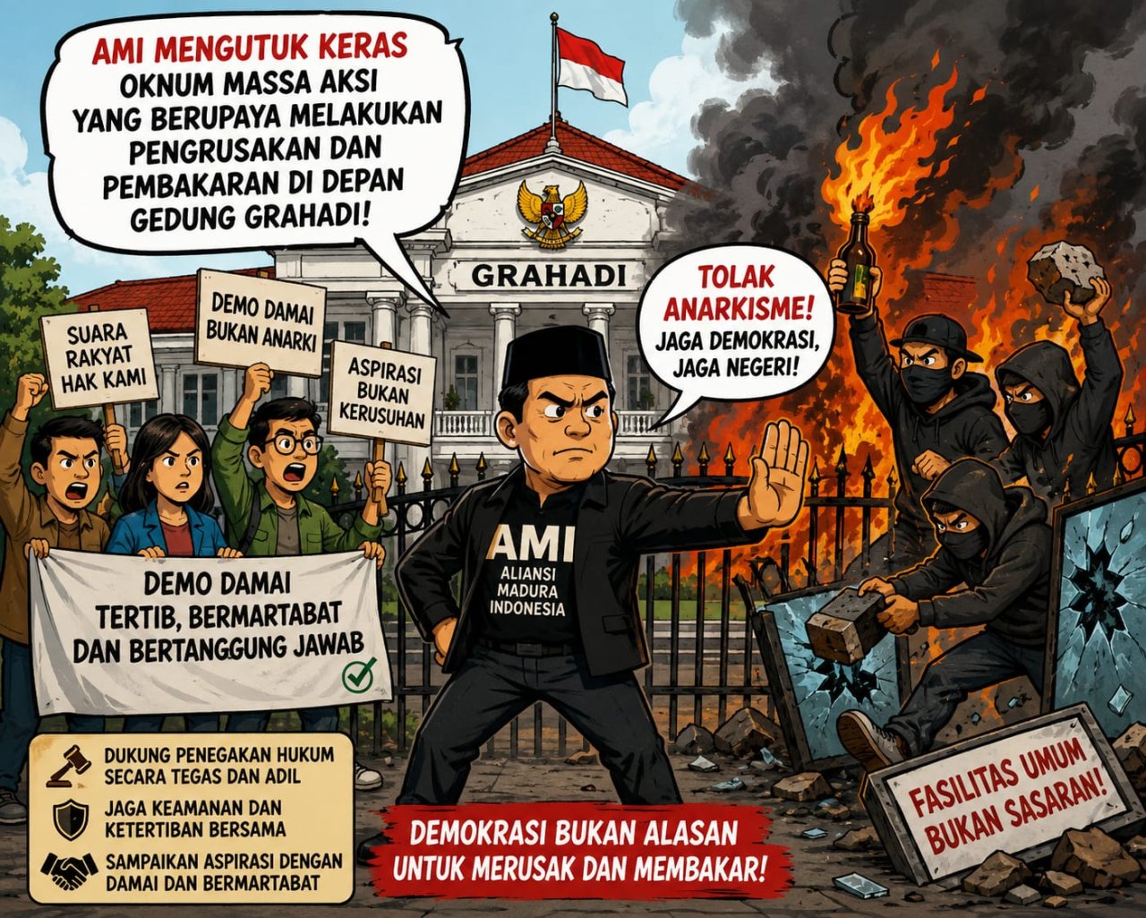 AMI MENGUTUK KERAS TINDAKAN OKNUM MASSA AKSI YANG BERUPAYA MELAKUKAN PENGRUSAKAN DAN PEMBAKARAN DI DEPAN GEDUNG GRAHADI