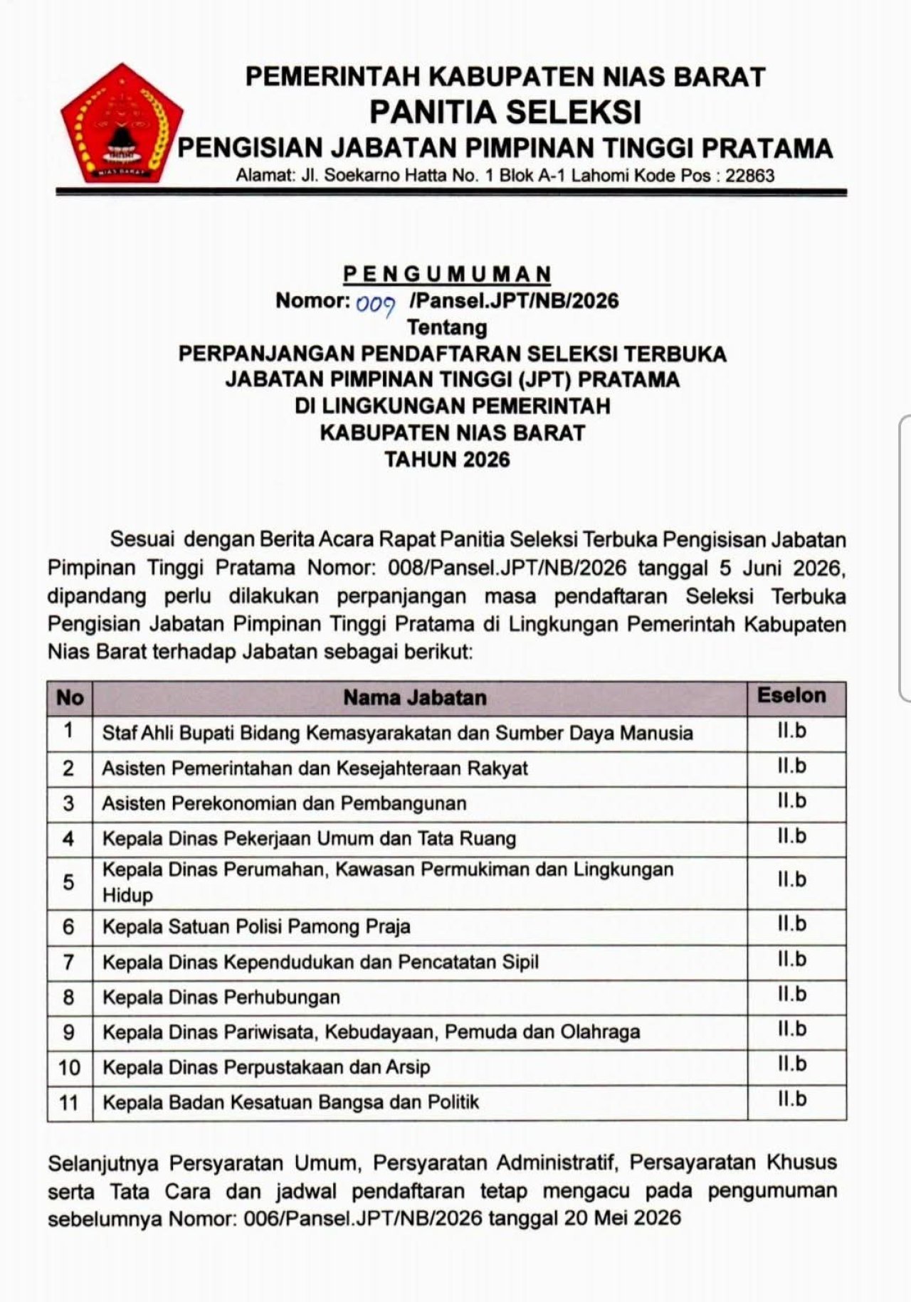 11 Jabatan Eselon II.b Pemkab Nias Barat Dibuka, Pendaftaran JPT Pratama Diperpanjang