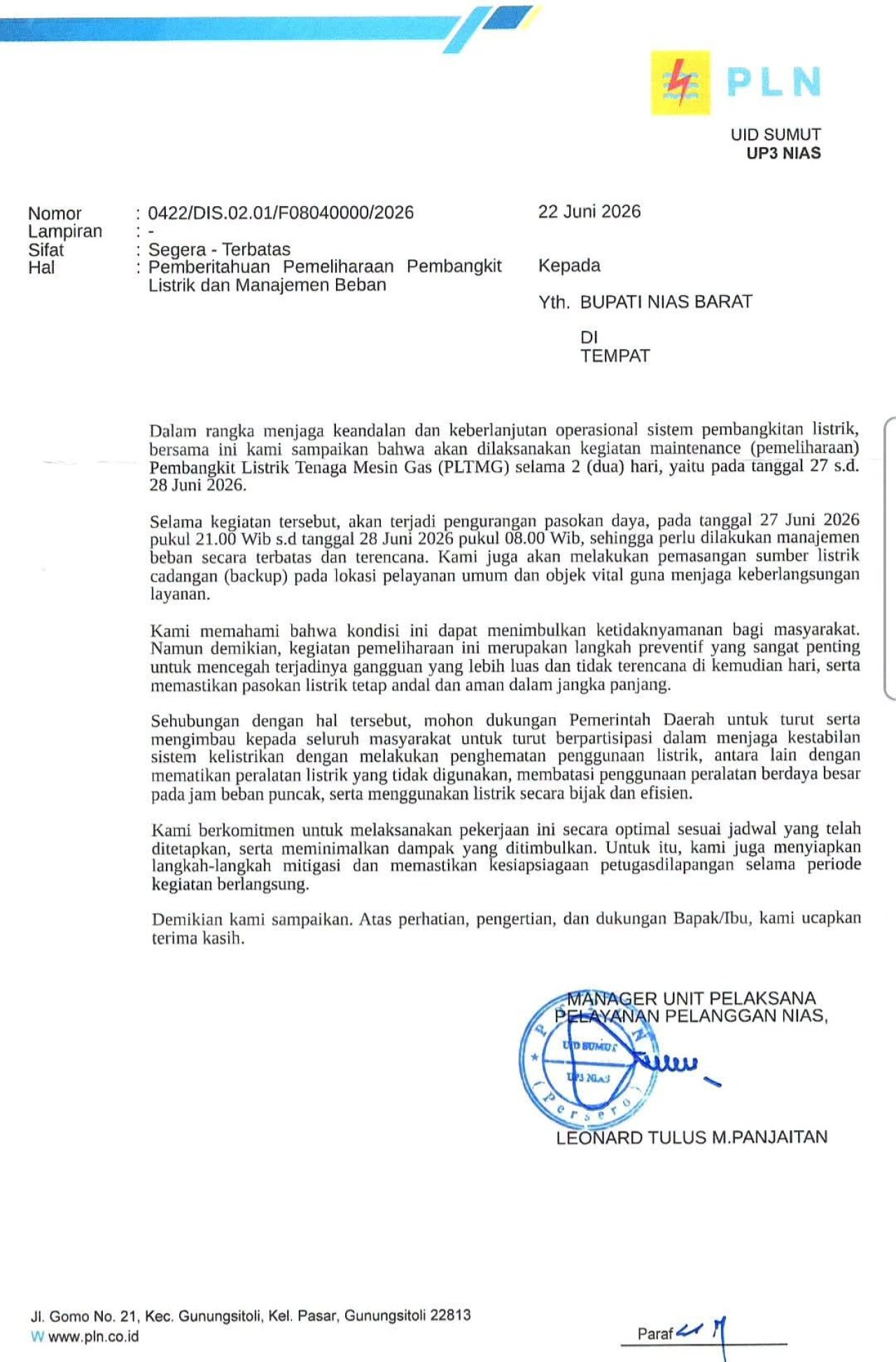 PLN UP3 Nias Umumkan Pemeliharaan PLTMG 27-28 Juni, Berlakukan Manajemen Beban Terbatas