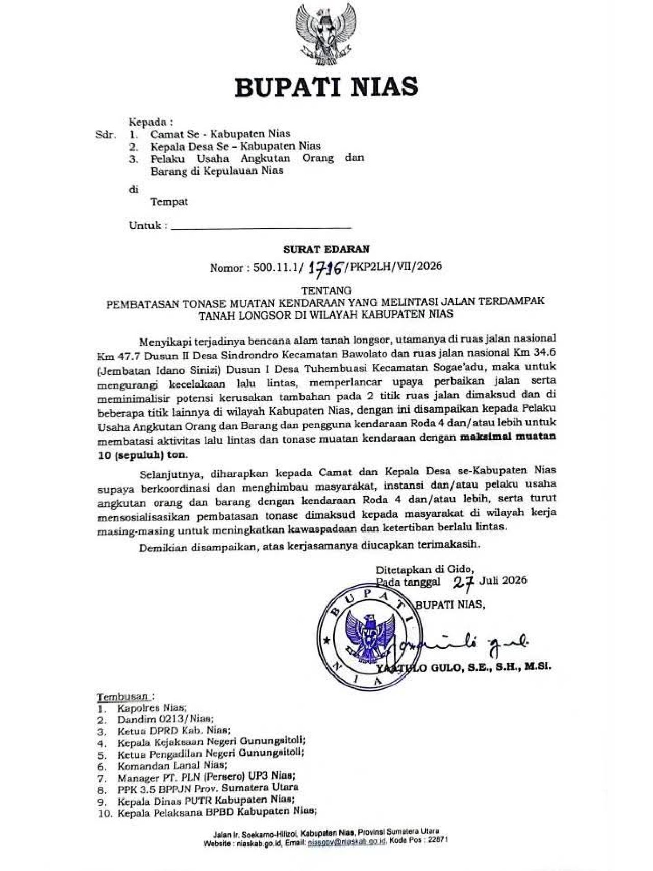 Bupati Nias Keluarkan Surat Edaran, Kendaraan Muatan Maksimal 10 Ton Melintas di Titik Longsor