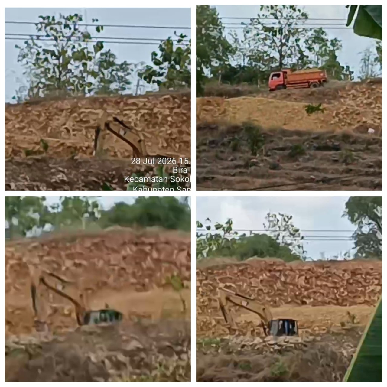 Ekskavator saat melakukan pengerukan bukit di Bira Timur, Sokobanah, Sampang, Jawa Timur, Selasa (28/7/2026) sore.